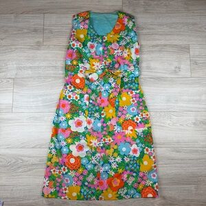 Vintage 1960s Psychedelic Flower Patterned Apron Shift Smock Dress Pockets Sz 10